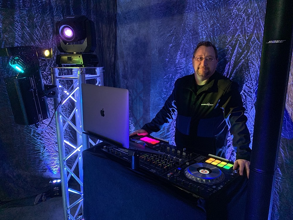 The Dj sound equipment set up includes Bose L1 sound system and chauvet lighting equipment and pioneer DDJ-SZ2 DJ turntables