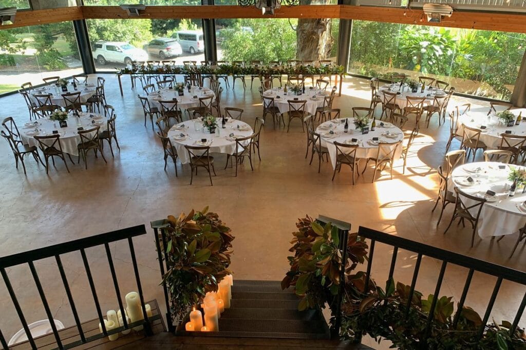 The Narrows Landing - Pirongia Deck table setting for wedding reception