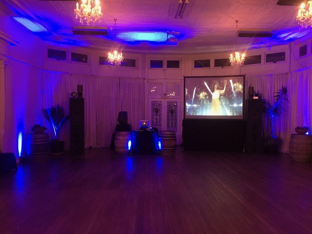 Hawkes Bay Racing Centre - DJ Equipment set up with video screen and uplights