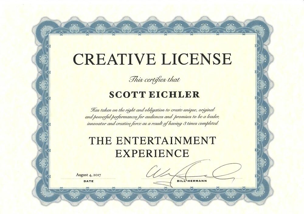 Certificate for Entertainment Experience Scott Eichler