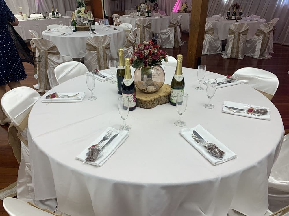 Table setting and centre piece for a wedding at Newbury Hall Palmerston North