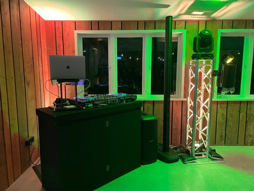 DJ Equipment with Lights set up in The Black Barn - Tarawera Lake - Rotorua